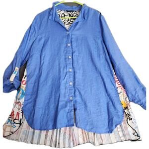 John Mark Mixed Print Button Up Collared Shirt Paris France Linen Pleated Size L